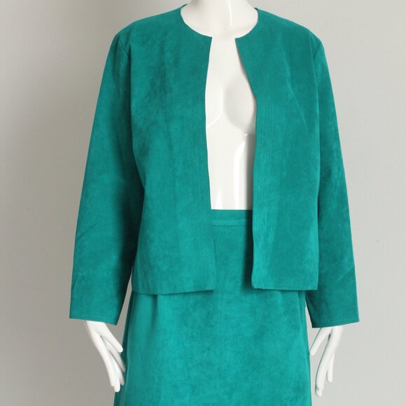 Horchow Suit Jacket and Skirt 2pc Set Teal Blue Ultrasuede Vintage 80s - Picture 2 of 7